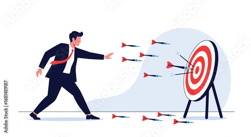 Businessman missing target repeatedly while throwing darts causing frustration and failure in business objectives