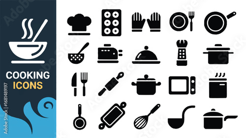 A collection of black and white cooking and kitchen icons arranged on a white background.  Editable stroke.