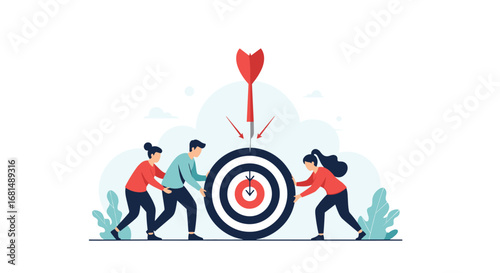 Achieving common business goals through effective teamwork and strategic target focus illustration