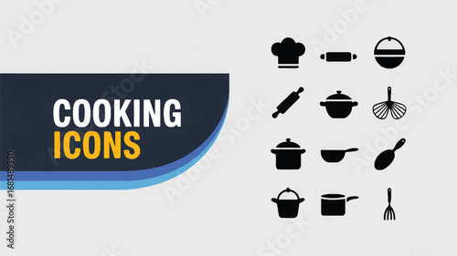 A collection of black and white cooking and kitchen icons arranged on a white background.  Editable stroke.