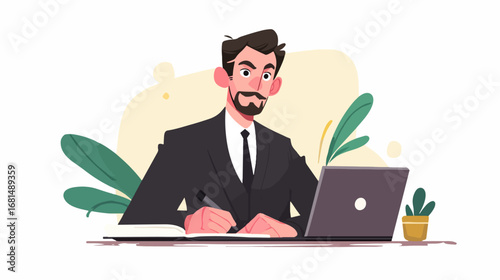 Businessman working on laptop taking notes