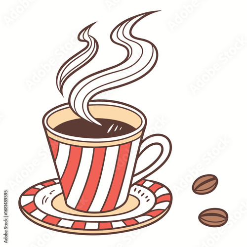 Vector art of a steaming cup of coffee with red and white stripes, served on a matching saucer, with coffee beans scattered nearby