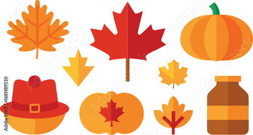 Vector art of collection of autumn harvest icons including pumpkins, maple leaves, a pilgrim hat, and a jar, isolated on a