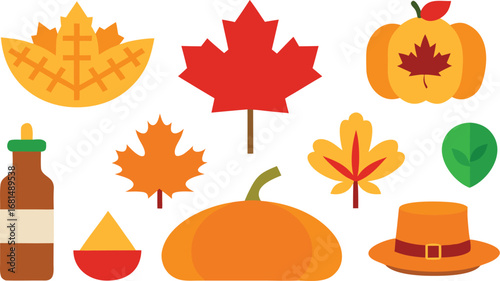 Vector art of variety of autumn elements including pumpkins, maple leaves, a bottle, and a pilgrim hat, isolated on a