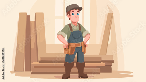 Carpenter in workshop with wood materials illustration