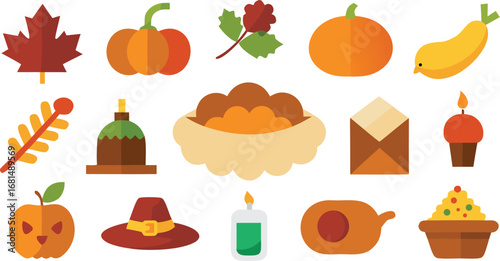 Vector art of assortment of autumn icons including pumpkins, leaves, and festive treats