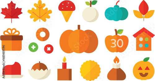 Vector art of variety of autumn themed flat design icons featuring pumpkins, leaves, and holiday symbols