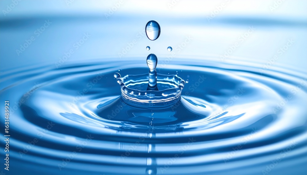 A single water drop creates a perfect ripple effect in crystal clear blue water, symbolizing purity and tranquility A single water drop creates a perfect ripple effect in crystal clear blue water, symbolizing purity and tranquility
