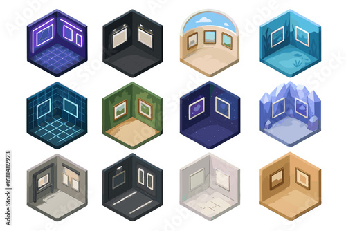 Gallery icons interior vector virtual floor corridor grid dome marble icon open