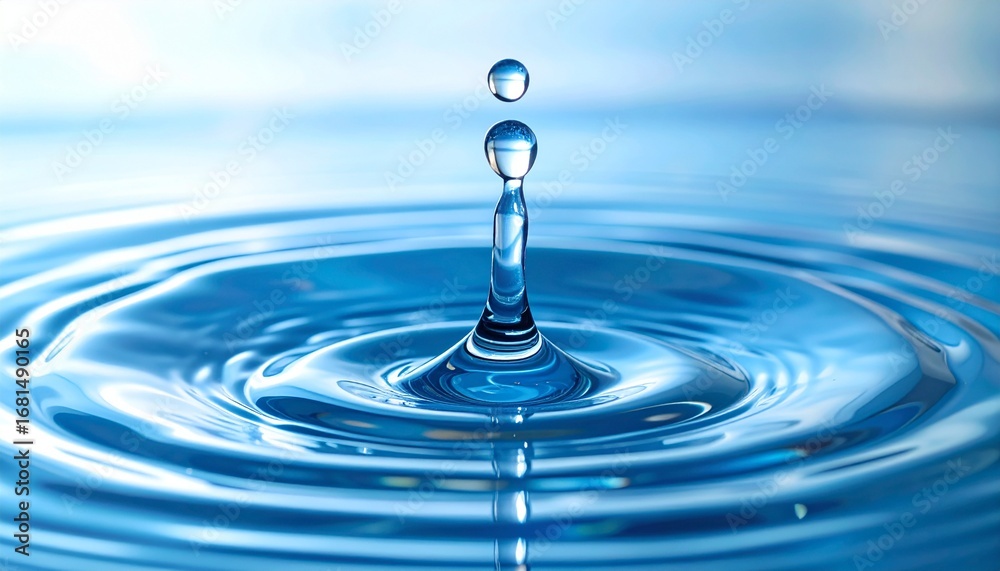 A single water droplet makes a perfect splash, creating beautiful circular ripples on the crystal-clear surface, symbolizing freshness and purity in a serene blue environment A single water droplet makes a perfect splash, creating beautiful circular ripples on the crystal-clear surface, symbolizing freshness and purity in a serene blue environment