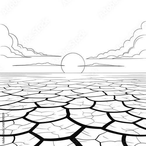 Drought cracked earth landscape with sun and clouds in a simple line drawing style