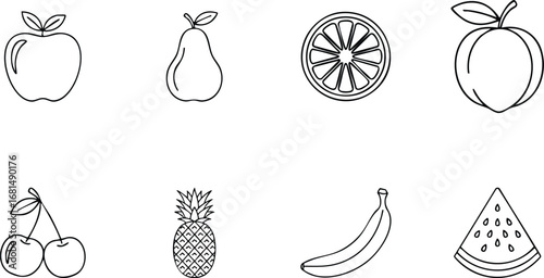 Hand drawn outline fruit icons apple pear orange peach cherries pineapple banana watermelon set