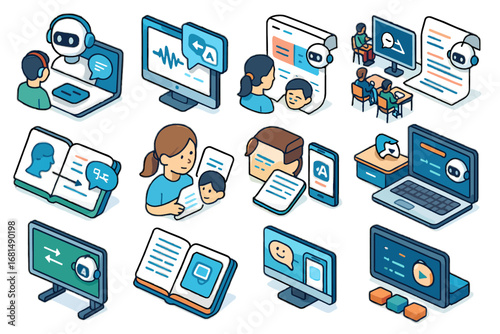 Exam vector isometric smart aid ai icon tool interactive language reading translation