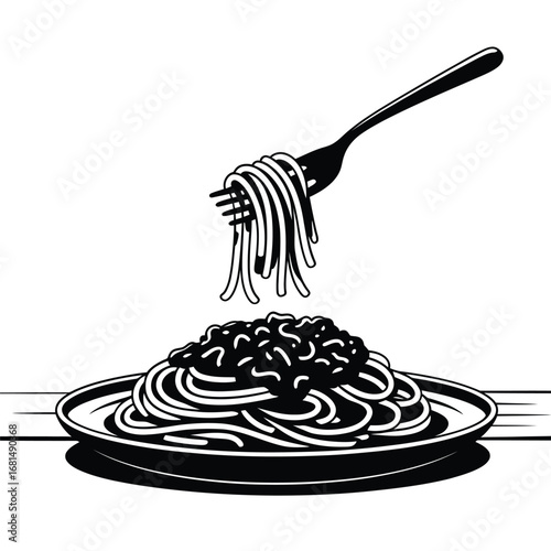 Black and white illustration of spaghetti with meat sauce on a plate with a fork twirling pasta