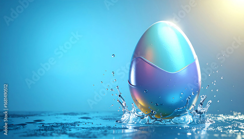 An iridescent, colorful egg-shaped object splashes into clear blue water under bright sunlight, creating dynamic ripples.