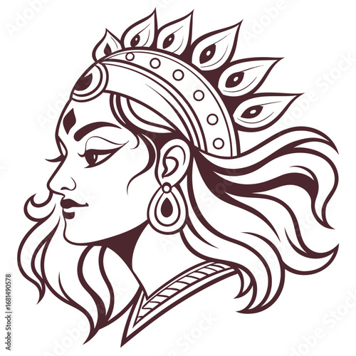 Vector art of line art illustration of a hindu goddess durga in profile