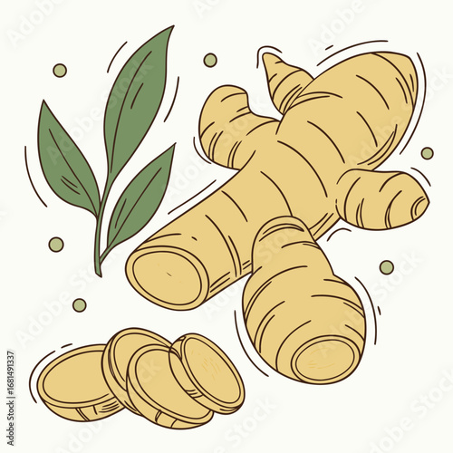 Vector art of handdrawn illustration of a fresh ginger root with sliced pieces and green leaves, isolated on a light background, representing natural ingredients and healthy food