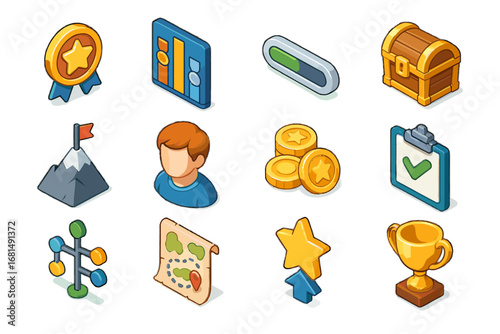 Level progress vector daily edtech icons icon chest customization star challenge reward