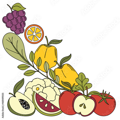 Vector art of a vibrant corner arrangement of fresh fruits and vegetables, including grapes, apples, tomatoes, cauliflower, watermelon, and citrus, isolated on white background