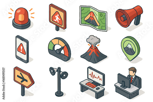Map volcano alert icons warning icon marker monitoring public vector announcement crisis