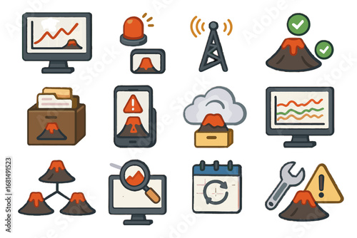 Volcanic calibration monitoring anomaly icon indicator data vector alert mobile sensor display