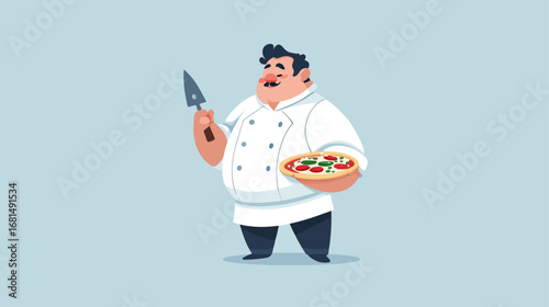 Cartoon chef holding pizza and spatula