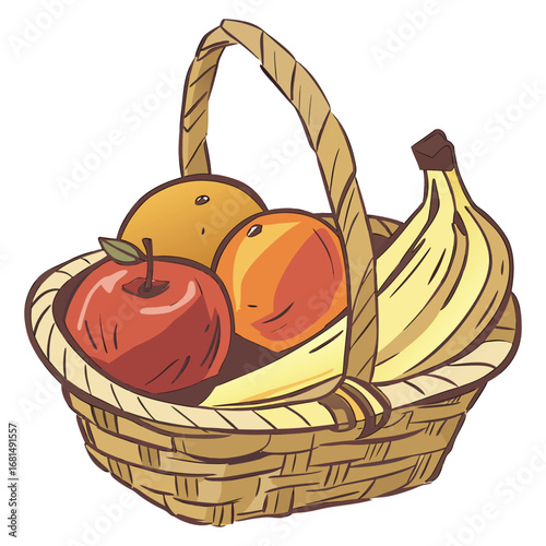 Vector art of a woven basket filled with a variety of fresh fruits, including an apple, oranges, and bananas, isolated on white background