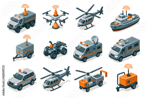 Utility vehicle truck portable volcanic trailer helicopter vector field sensor satellite icon
