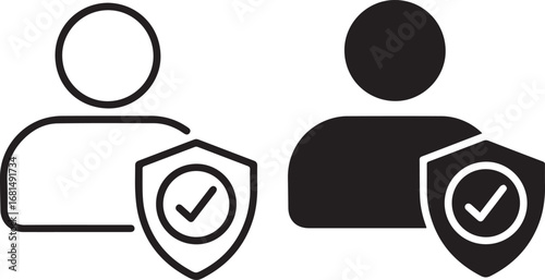 user with shield,Simple icons, symbols, design, geometric shapes, human silhouettes, social interaction, user interface	