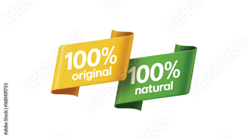 A digital illustration of two overlapping ribbon-style badges on a transparent background.   