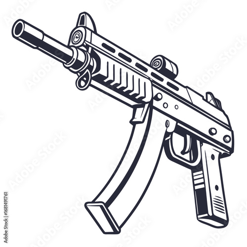 Vector art of a black and white illustration of a submachine gun with a large magazine, isolated on white background