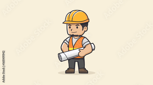 Cartoon construction worker holding blueprint