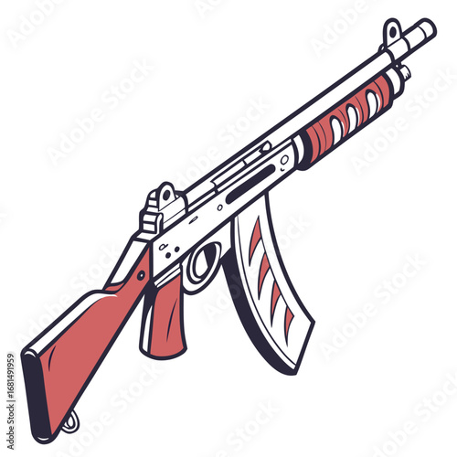 Vector art of vintage stylized illustration of a rifle with a red stock and magazine, isolated on white background