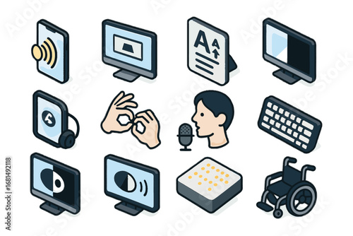 Digital vector assistive color high icon contrast voice interpreter font accessibility mode