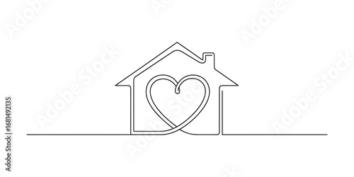 Minimalist single line art drawing of a house with a heart inside symbolizing love and home