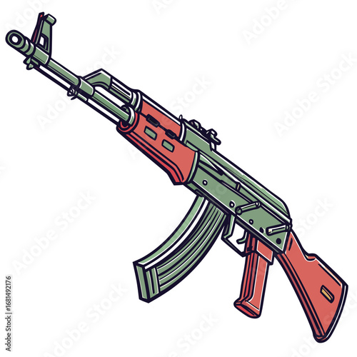 Vector art of cartoon illustration of an ak47 assault rifle, isolated on a, showcasing its iconic design and military weapon features