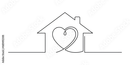 Minimalist single line drawing of a house with a heart symbol inside love home concept