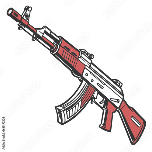 Illustration of a stylized ak47 assault rifle with red and white accents, isolated on white background