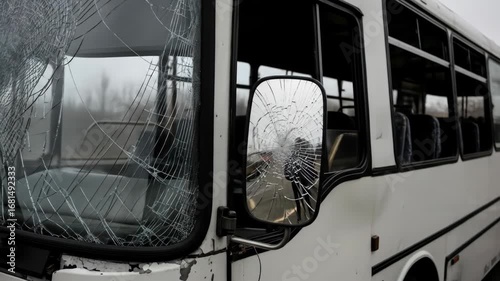 Broken windshield of bus with accident damage, cracks and damage to mirror, vehicle crash