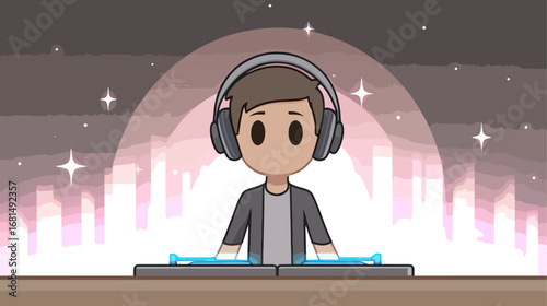 Cartoon dj operating turntable pastel background graphic design