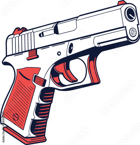 Vector art of modern semiautomatic pistol with red accents