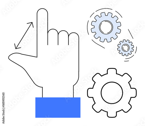 Hand gesturing precision adjustment with cogs rotating to signify control, fine-tuning, and optimization. Ideal for customization, settings, management, technical support, innovation, engineering