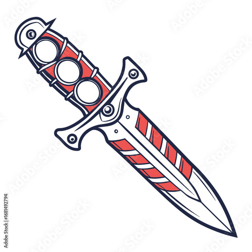 Vector art of a stylized illustration of a dagger with a red and white striped blade and a handle featuring three circular cutouts, isolated on white background