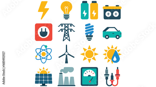 A flat design illustration of energy and electricity icons arranged in a 4x4 grid on a white background.  Editable stroke.