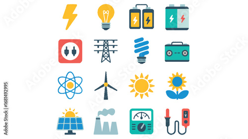 A flat design illustration of energy and electricity icons arranged in a 4x4 grid on a white background.  Editable stroke.
