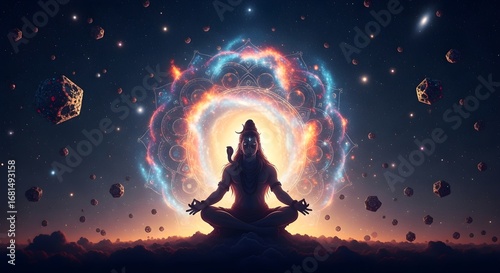 Silhouette of Lord Shiva meditating in cosmic nebula, surrounded by stars and planets.