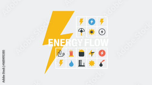 A flat design illustration of energy and electricity icons arranged in a 4x4 grid on a white background.  Editable stroke.