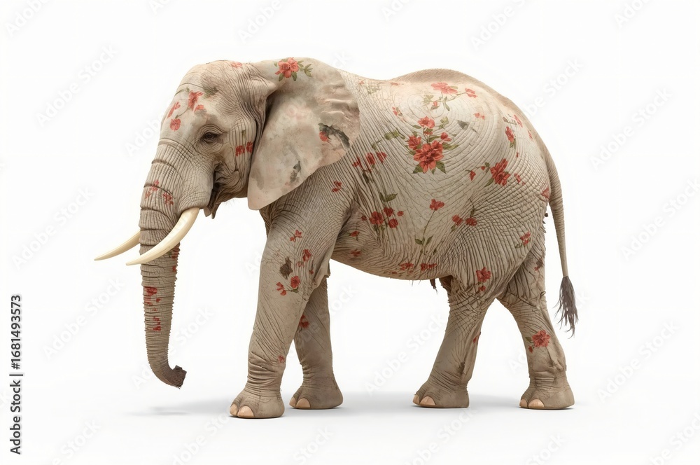 Fototapeta premium Floral-painted elephant, studio shot, isolated, white background, design element