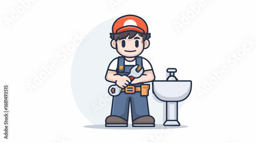 Cartoon handyman character with wrench standing by sink