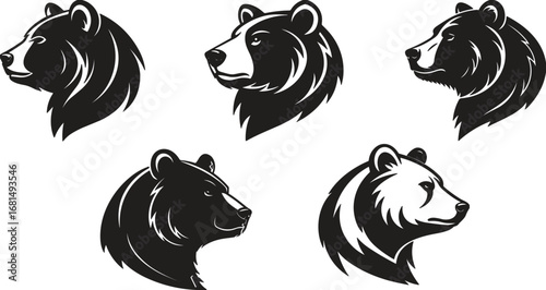 Wild bear head silhouette vector illustration, grizzly bear face logo design, aggressive animal mascot artwork template
